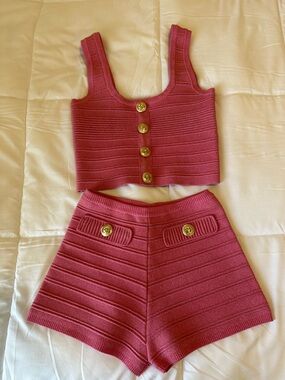 Pink Ribbed Knit Two-Piece Set with Gold Buttons